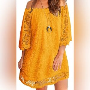 Ladies daisy sunflower yellow off shoulder lace shift dress boho spring Easter